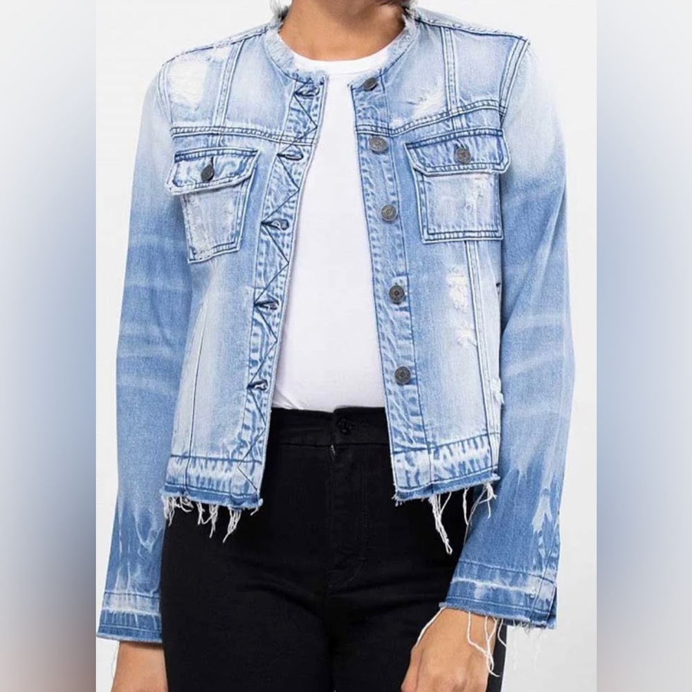 Hidden Jeans Distressed Collarless Denim Jacket
